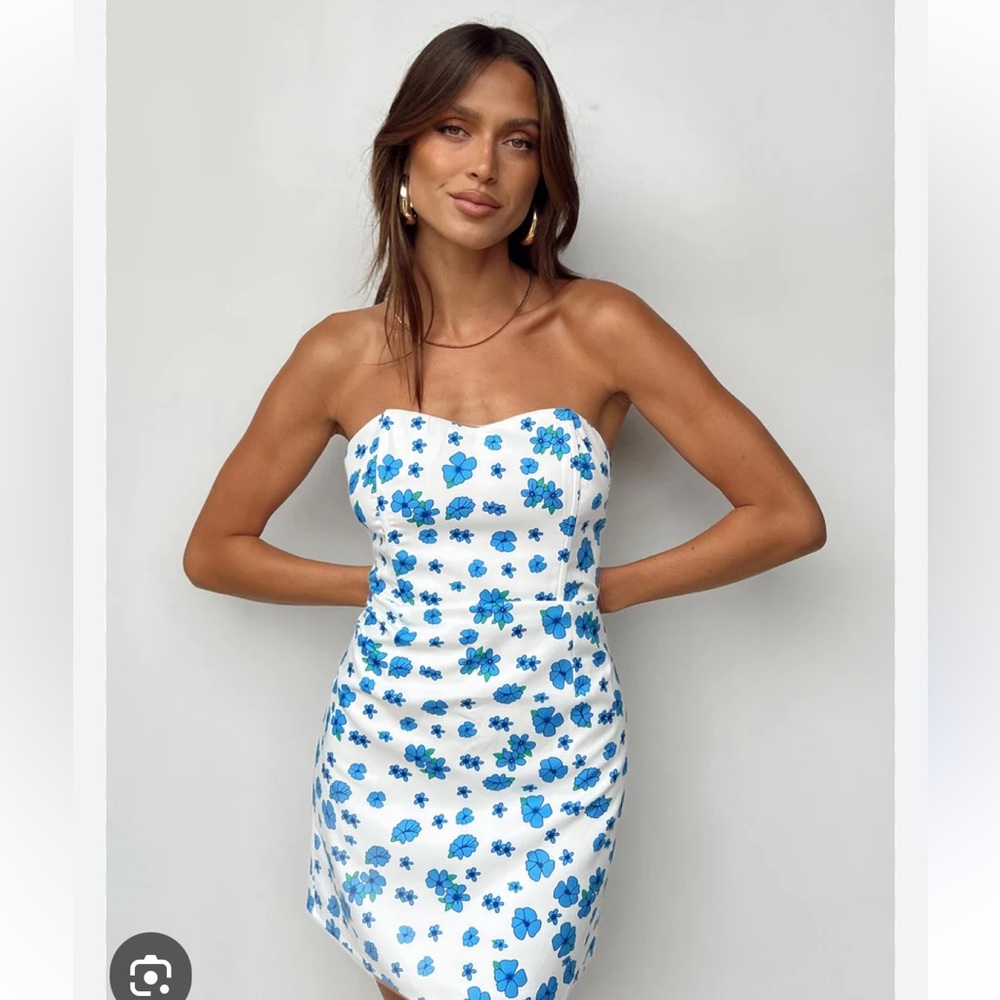 Princess Polly FLORELLA STRAPLESS MINI DRESS WHITE / BLUE Sz 4